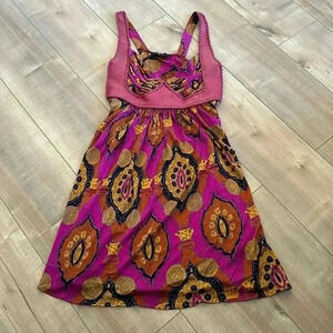 Sky Pink Leather Trim Paisley Print Mini Dress Sz S